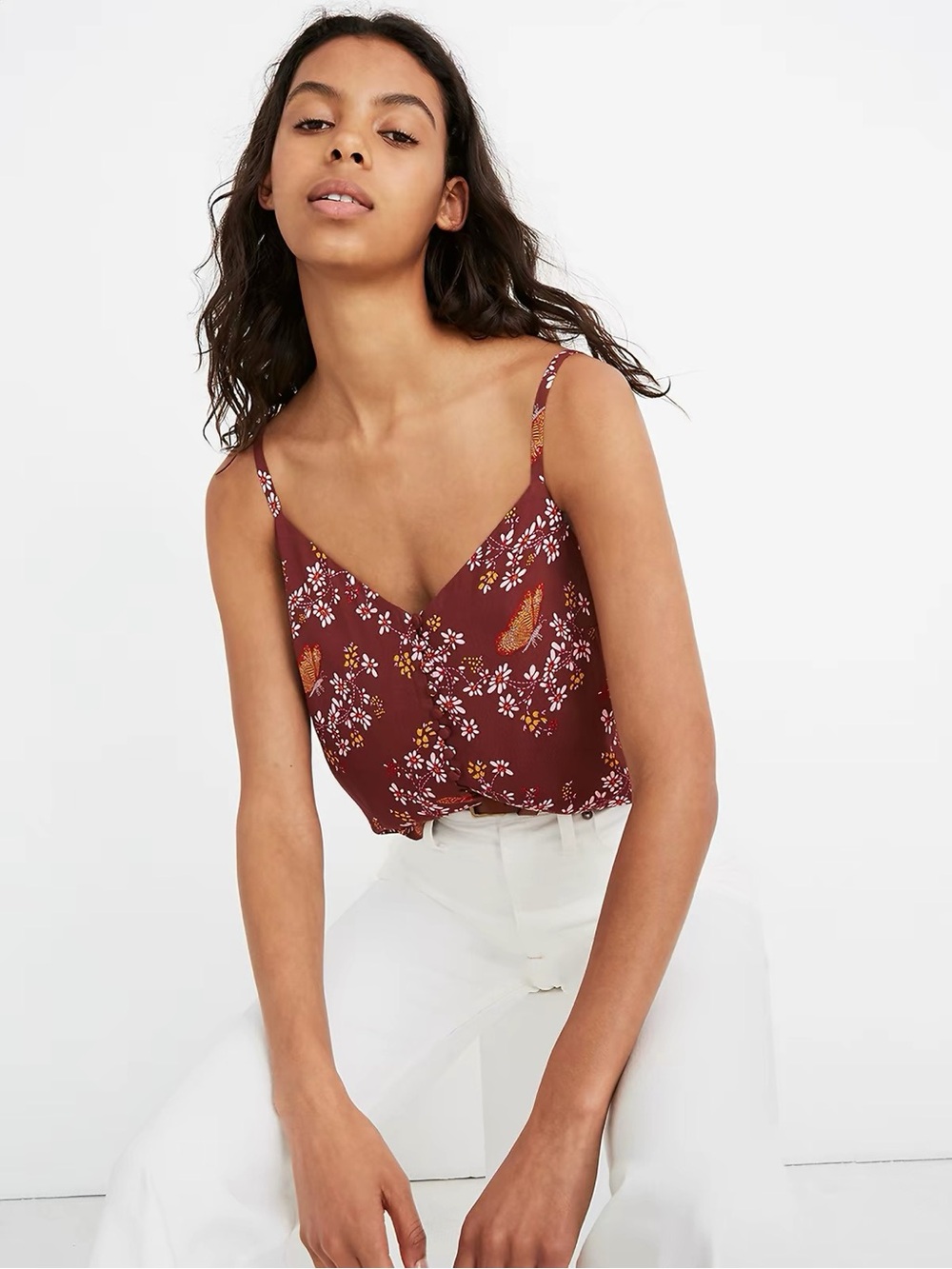 Madewell Red butterfly Floral V-Neck Spaghetti Strap Cami Tank